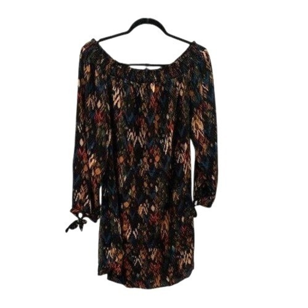 Festival Lightweight XL Boho Off Shoulder Ikat Print‎ Smocked Dress Black Multi